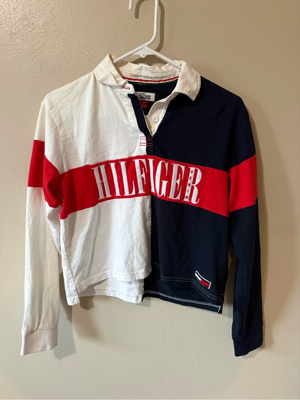 Tommy Hilfiger long sleeve cropped rugby polo colorblock women’s size Small